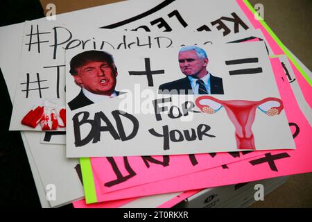 November 2, 2016 - Indianapolis, Indiana, USA: A sign reads, Trump and Pence Bad for Your Uterus. Periods for Politicians formerly Periods for Pence stage an anti-Trump and anti-Pence The Revolution Will Be Uterized (A Rally in 3 Acts) on the steps of the Indiana Statehouse.  (Jeremy Hogan/Polaris) Stock Photo