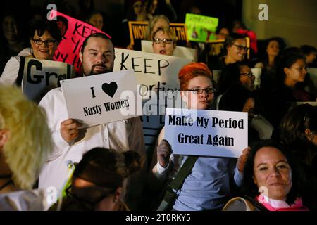 November 2, 2016 - Indianapolis, Indiana, USA: Activists gather for a photo during the Periods for Politicians formerly Periods for Pence anti-Trump and anti-Pence rally called The Revolution Will Be Uterized (A Rally in 3 Acts) on the steps of the Indiana Statehouse. Stock Photo