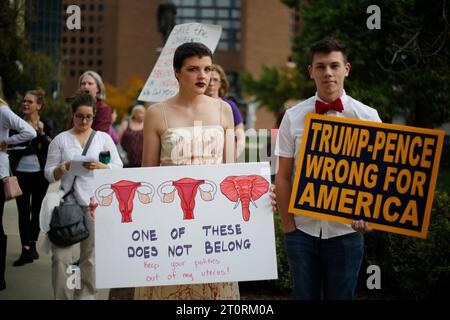 November 2, 2016 - Indianapolis, Indiana, USA: Periods for Politicians formerly Periods for Pence stage an anti-Trump and anti-Pence The Revolution Will Be Uterized (A Rally in 3 Acts) on the steps of the Indiana Statehouse. Stock Photo