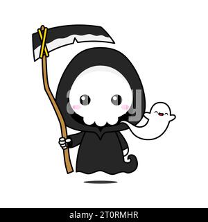 Cute And Kawaii Style Halloween Grim Reaper Cartoon Character Stock Vector