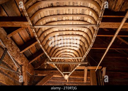 Replica birchbark canoes from the fur trade on display at Grand Portage National Monument, Minnesota, USA Stock Photo