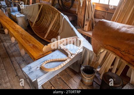 Replica birchbark canoes from the fur trade on display at Grand Portage National Monument, Minnesota, USA Stock Photo