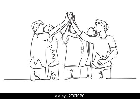 Single continuous line drawing group of man and woman celebrating their successive goal with high five gesture together. Business meeting deal concept Stock Photo
