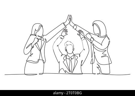 Single continuous line drawing of group of two young assistant manager celebrating their successive goal with high five gesture. Business deal concept Stock Photo