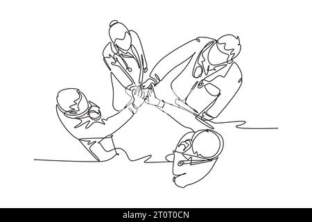 Single one line drawing group of businessmen and businesswomen celebrating their successive goal at the annual meeting with high five gesture. Continu Stock Photo
