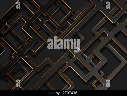 Black geometric tech paper background with abstract golden lines. Vector design Stock Vector