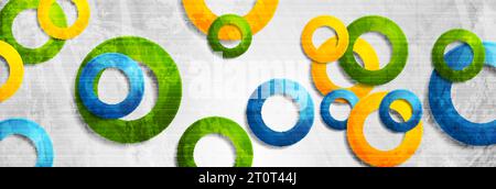 Colorful circle rings on grey grunge background. Abstract geometric vector banner design Stock Vector