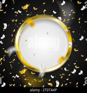 Shiny foil confetti and golden circle on black background. Vector greeting abstract design Stock Vector