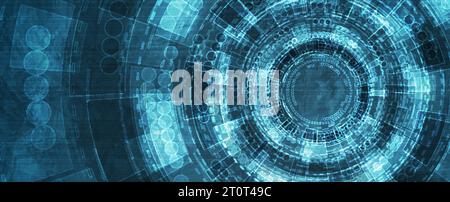 Blue grunge hi-tech and science background with HUD gears design. Futuristic abstract vector banner Stock Vector