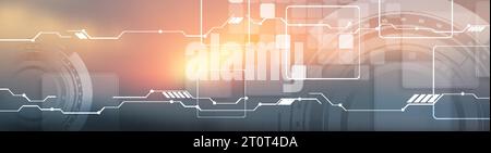 Sunny orange futuristic technology abstract background with HUD gears, squares and circuit board lines. Vector design Stock Vector