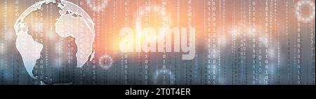 Technology banner design with globe, HUD gears and binary code. Abstract futuristic vector background Stock Vector