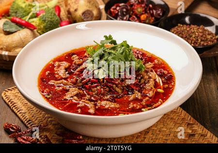 Poached Sliced Beef in Hot Chili Oil Stock Photo