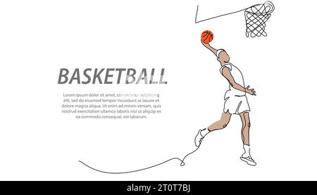 Basketball player dunk. He jumps and throw the ball into basketball hoop. One continuous line art drawing of basketball player dunk Stock Vector