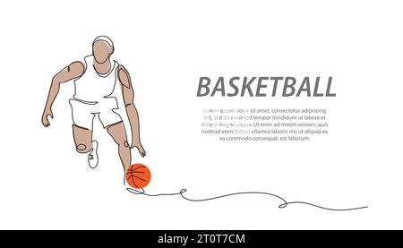 Basketball player dribbles the ball. One continuous line art drawing of basketball player dribbles Stock Vector