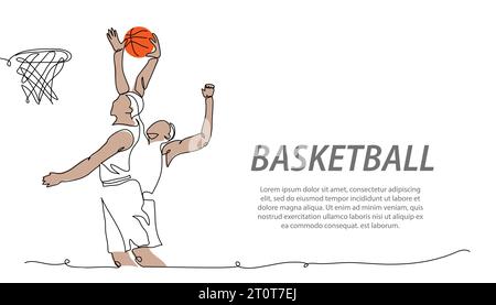Basketball players jump and throw the ball into basketball hoop. One continuous line art drawing of basketball players Stock Vector