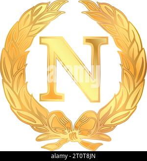 Napoleonic letter N symbol inside a laurel wreath, golden vector illustration on the white background Stock Vector
