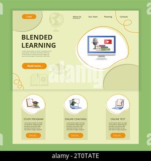 Blended learning flat landing page website template. Study program, online coaching, online test. Web banner with header, content and footer. Vector Stock Vector