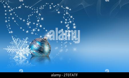 abstract Christmas and New Year concept with christmas decorations, snow, snowflakes and stars on blue tender background Stock Photo
