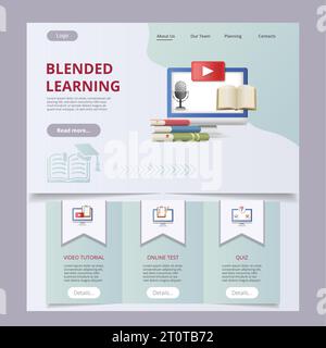 Blended learning flat landing page website template. Video tutorial, online test, quiz. Web banner with header, content and footer. Vector Stock Vector