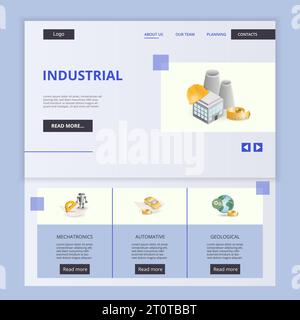 Industrial flat landing page website template. Mechatronics, automative, geological. Web banner with header, content and footer. Vector illustration. Stock Vector