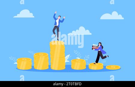 Salary and gender Inequality gap between women and men business concept flat style design vector illustration. Man and woman stand on its level of mon Stock Vector