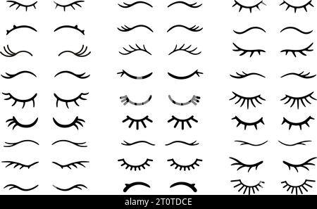 Closed eye with eyelashes cute vector icon set for cartoon character illustration. Sleep girl or unicorn long eyelash line simple face part graphic ma Stock Vector