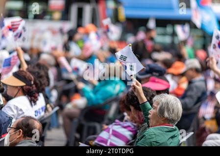 People rally in the street in support of Korea USA alliance in Seoul South Korea on 9 October 2023 Stock Photo