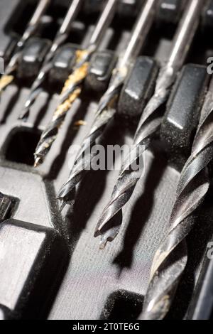 Close up of a group of drill bits for drilling holes in wood. Stock Photo