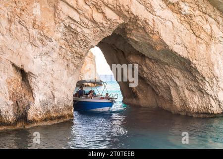 Zakynthos, Greece 28 July 2023. Tourists visiting the blue caves in Zakynthos island in Greece. Stock Photo