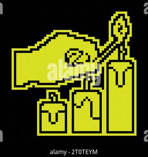 Pixel silhouette icon. Hand holds burning match over candles. Preparing for the holiday, lighting candles. Simple black and yellow vector isolated Stock Vector