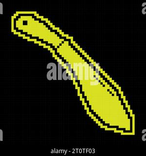 Pixel silhouette icon, sharp knife machete. Melee weapon of hunter in jungle. Simple black and yellow vector isolated Stock Vector