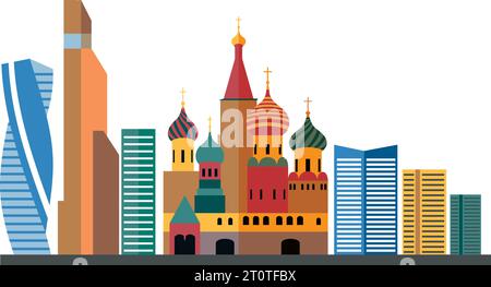 Simple colorful flat drawing of the Russian landmark city skyline panorama of MOSCOW, RUSSIA Stock Vector