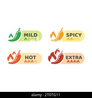Chili pepper, mild and hot, jalapeno icons. Spicy and extra hot peppers or hallapeno icon set. Mexican and Asian food. Stock Vector