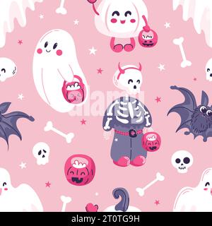 Halloween seamless pattern. Cute cartoon characters in pink colors. Baby skeleton, pumpkin, ghosts begging for sweets. For wallpaper, printing on fabr Stock Vector