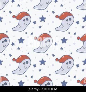 Cute ghost baby background. Seamless pattern with kid character and stars. Funny cozy child print for textile, digital paper, packaging, wallpaper Stock Vector
