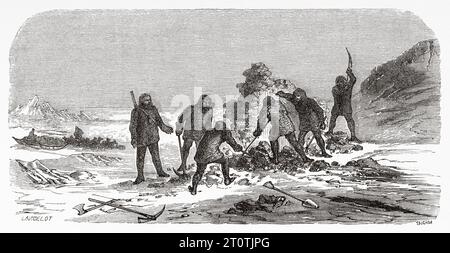 Discovery of the mound where the message left by Crozier and Fitzjames explaining the end of the Franklin expedition was found, in May 1859, Back Bay, King William Island, Canada. Story of Franklin's lost expedition in the Arctic (1786-1847) Old 19th century engraving from Le Tour du Monde 1860 Stock Photo