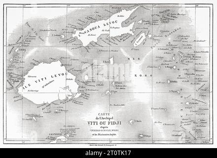 Old map of Fiji islands. Melanesia, Oceania in the southwestern Pacific Ocean. Voyage to the Great Viti, great equinoctial ocean by John Denis Macdonald 1855. Old 19th century engraving from Le Tour du Monde 1860 Stock Photo