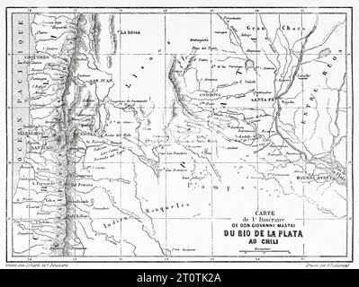 Old Map of the itinerary of Voyage of Don Giovanni Mastai in South America (1823-1824) Old 19th century engraving from Le Tour du Monde 1860 Stock Photo