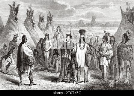Cree indians, USA. Exploration of the Rocky Mountains in 1857-1859 by Captain John Palliser. Old 19th century engraving from Le Tour du Monde 1860 Stock Photo