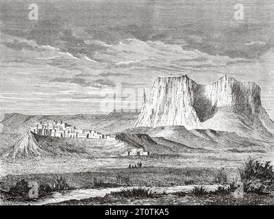 Zuni pueblo village, New Mexico. USA. Voyage of Heinrich Balduin Mollhausen from the Mississippi river to the shores of the Pacific Ocean 1853–1854. Old 19th century engraving from Le Tour du Monde 1860 Stock Photo
