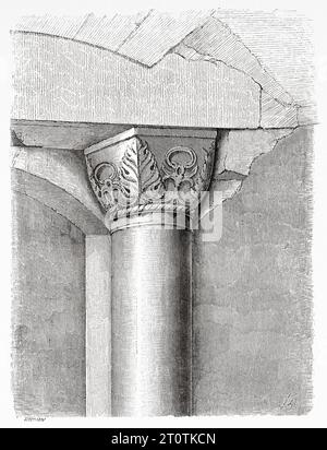 Pillar in the underground of the Temple of Solomon, Jerusalem. Travels in Palestine, 1856-1859. Old 19th century engraving from Le Tour du Monde 1860 Stock Photo