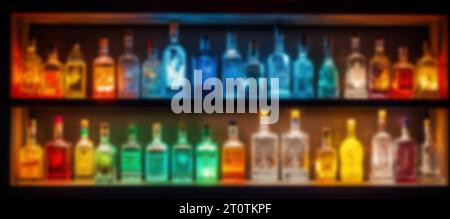 blurred colorful alcohol bottles in bar shelves with backlight Stock Photo