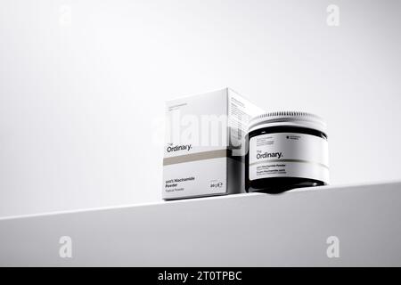 Strasbourg, France - September 2023: The Ordinary skincare brand by Deciem. Niacinamide Powder. Clean minimalist high key skincare product hero shot Stock Photo