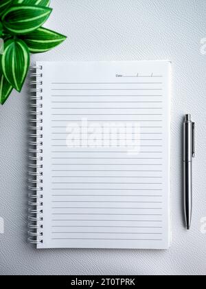 Empty blank of notebook diary page. Template white paper sheet with line and date for note on vertical spiral notepad near a silver pen and green plan Stock Photo