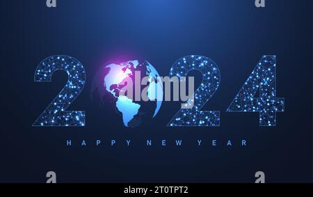 Modern futuristic technology template banner or cover for Merry Christmas and Happy New Year 2024 with connected lines and dots. Plexus geometric Stock Vector