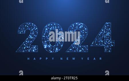 Modern futuristic technology template banner or cover for Merry Christmas and Happy New Year 2024 with connected lines and dots. Plexus geometric Stock Vector