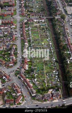 aerial view of gardening allotments on the south side of Gourley Road (& east side of Mill Lane) in Liverpool, UK Stock Photo