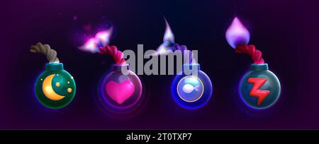 Cartoon round bomb game icons. Explosive weapon, 3d balls with rope wick and flame with heart, moon and electric power dollar sign inside. Graphic elements, user assets or props for ui store design. Stock Vector
