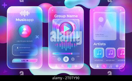 Glassmorphism ui design of music application. Mobile ui kits. Frosted acrylic mobile app vector template with ux purple gradient screens. User interface with artist playlist, play button, audio player Stock Vector