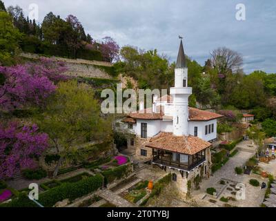 aerial top view of the palace nestled in the botanical garden in Balchik, Bulgaria. This historic landmark is a testament to the fusion of different c Stock Photo